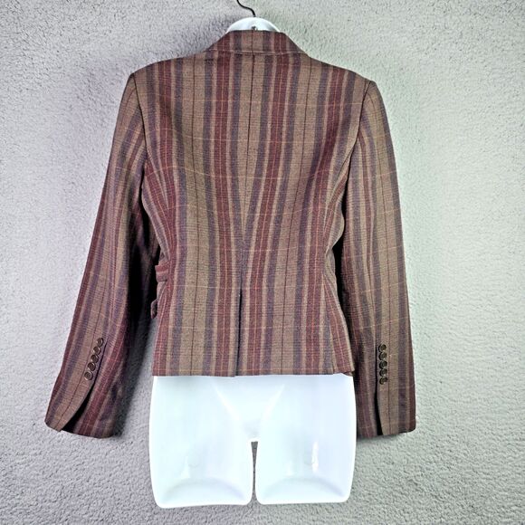 BCBGMaxAzria Plaid Blazer Brown Satin Hem Bow Tailored Designer Preppy Statement - Picture 13 of 15